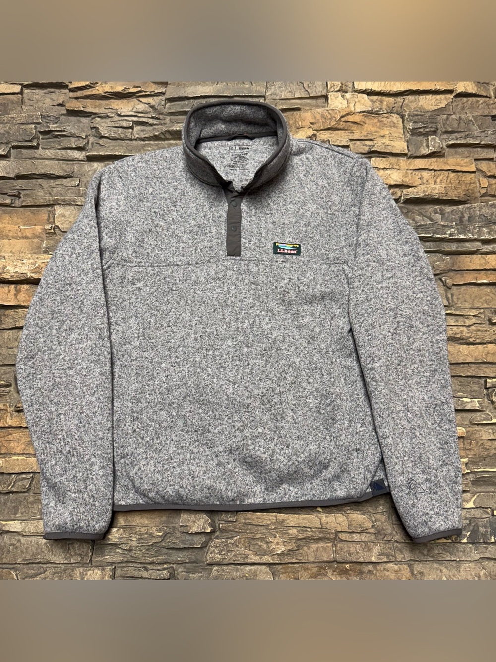 LL Bean Sweater Fleece Pullover Jacket Mens Medium Snap Slightly Fitted Gray